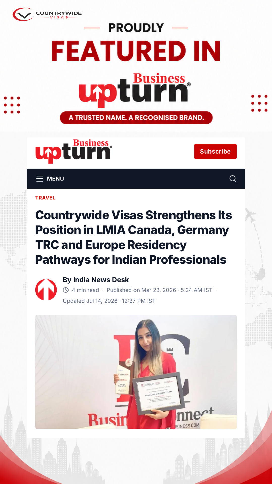 Business Upturn coverage featuring Countrywide Visas